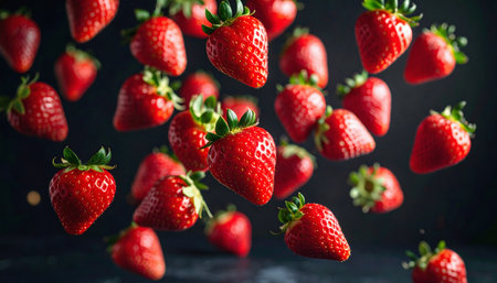 Juicy strawberries captured in suspension create a vibrant and playful composition, highlighting their natural red color and detailed surface against a deep backgroundの素材