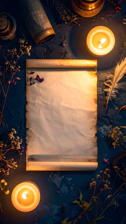 A blank parchment scroll lies illuminated by warm candlelight, decorated with dried flowers, a white feather, and antique writing objects on a dark surfaceの素材