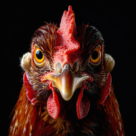 Closeup view of a chicken face revealing detailed textures of its red comb, golden eyes, and feathers in sharp lightingの素材