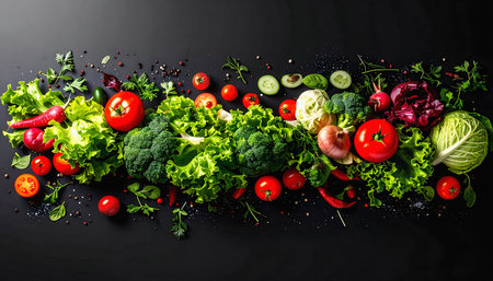 A vibrant composition of flying vegetables including tomatoes lettuce broccoli onions and cabbage, floating against a dark background with scattered herbs and spicesの素材