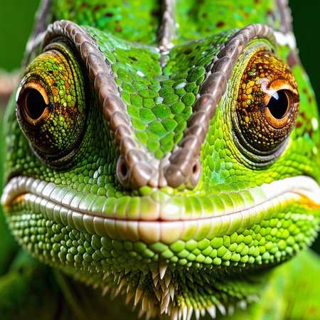 The chameleon shows intense gaze, strong facial features and textured green scales, captured in sharp frontal view against natural backgroundの素材