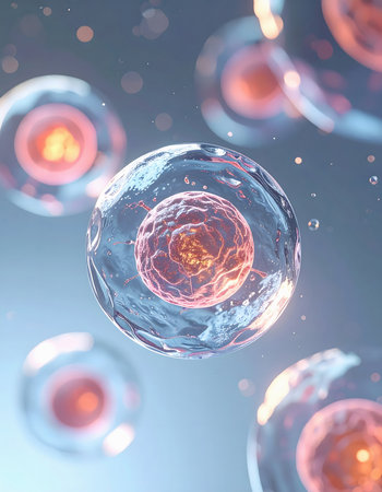 A floating human cell with glowing nucleus and transparent membrane symbolizes harmony and the complexity of microscopic organic lifeの素材