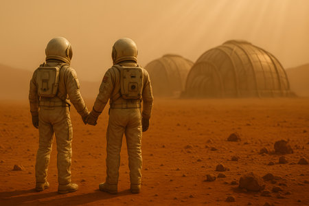 Astronauts in white suits hold hands on Mars amid thick orange dust, facing futuristic domes glowing faintly through atmospheric hazeの素材
