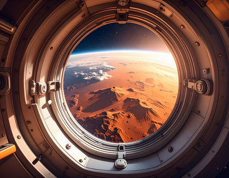 Golden morning light illuminates Mars, with rocky mountains and vast craters visible through the round metallic spacecraft porthole from orbital positionの素材