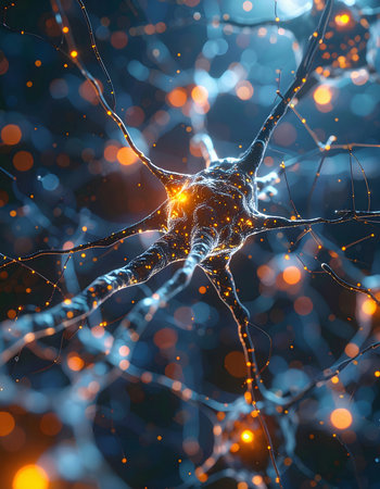 Multiple neurons are interconnected in a vibrant network, their dendrites glowing with bright signals symbolizing communication and electrical transmission within the brainの素材