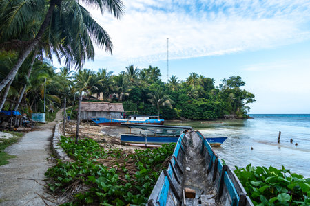 A traditional fishing village with wooden houses on stilts overlooks the calm sea on Malenge Island...