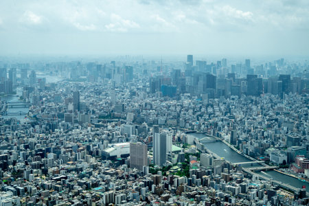 An expansive aerial perspective of Tokyo reveals a dense urban landscape, with rivers, bridges, and countless buildings stretching toward the hazy horizonの写真素材