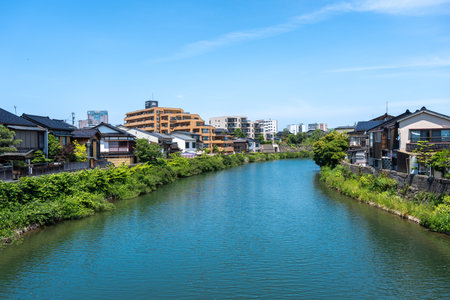 Traditional wooden houses line the peaceful banks of the Asano River, forming the charming Kazue-machi district in Kanazawa, Japan, under a clear summer skyの写真素材
