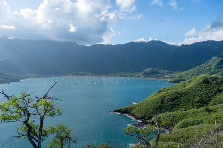 Taiohae Bay in Nuku Hiva, Marquesas Islands, is surrounded by green mountains under a blue and cloudy sky, with sailboats anchored in its calm waters near the coastal town. French Polynesiaの写真素材