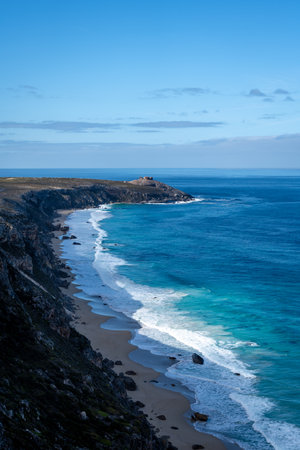 The rugged cliffs near Remarkable Rocks in Flinders Chase National Park, Kangaroo Island, Australia,...