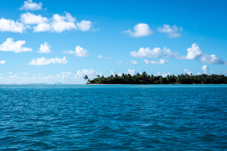 The pristine white sand beach of Motu Tiapaa in Maupiti, French Polynesia, is surrounded by lush...