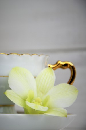 Vintage coffee cup with espresso on a saucer, croissant on the rose table-napkin, green orchid flower on a white paited wooden backgroundの写真素材