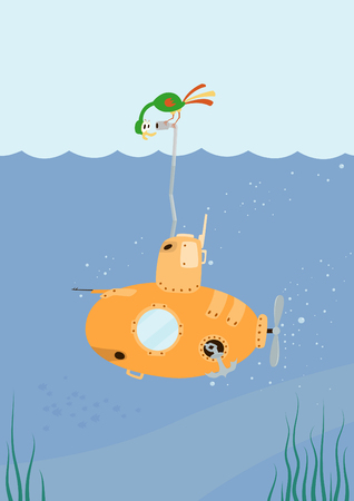 Cartoon Submarine with funny color bird on the periscope.   Illustration.のイラスト素材