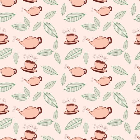 Cartoon tea and leafs seamless pattern  Vector illustration のイラスト素材
