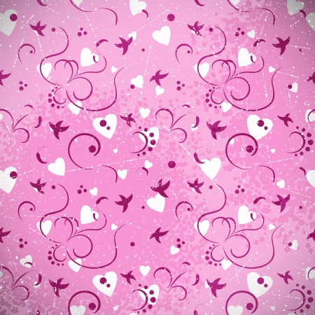 Grunge background with birds, hearts and floral ornament  のイラスト素材