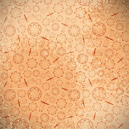 Grunge background of flowers and dragonfliesのイラスト素材