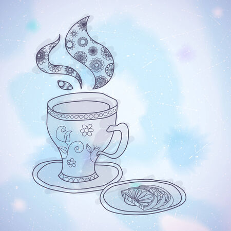 Watercolor teacup with three lemons. Vector vintage backgroundのイラスト素材