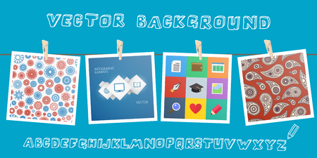 Background with hanging images and sketchnote alphabet. のイラスト素材