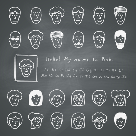 Hand drawn sketchnote faces. Vector avatars set on chalkboardのイラスト素材