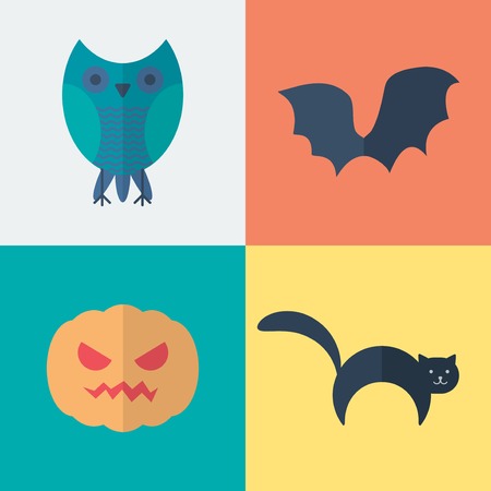 Vector flat halloween icons set with owl, bat, pumpkin, catのイラスト素材