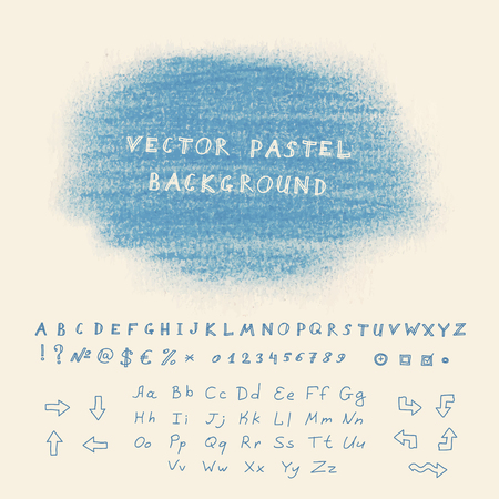 Hand drawn pastel banner. Vector background with sketchnote alphabet, numbers and symbolsのイラスト素材