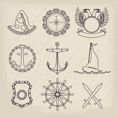 Vintage nautical labels, icons and design elements. Vector setのイラスト素材
