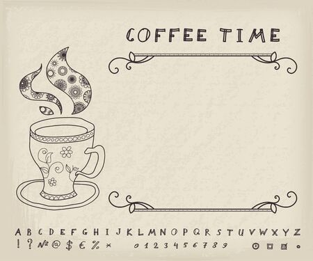 Cup pf coffee with sketchnote alphabet, numbers and symbols. Vector vintage backgroundのイラスト素材