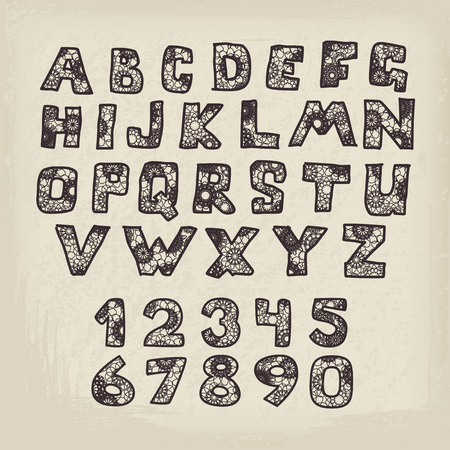 Hands drawing ornamental alphabet and numbers. Vector collectionのイラスト素材
