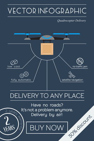 Quadrocopter delivery flat design. Vector promotion infographicのイラスト素材