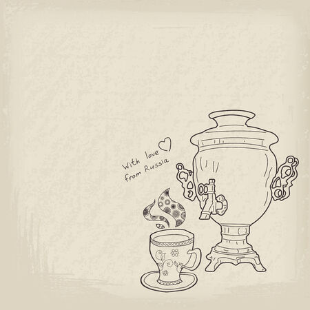 Russian samovar and cup. Vector vintage backgroundのイラスト素材