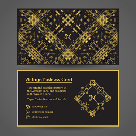 Luxury vintage business card. Vector editable template include front and back side, seamless pattern, retro monogram and contact iconsのイラスト素材
