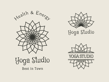 Yoga ornamental emblem set. Vector lineart logo template for relax or spa center, yoga studio, healthcare and traditional medicineのイラスト素材