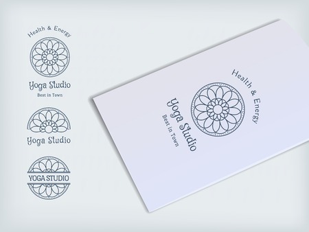Yoga ornamental emblem set. Vector lineart logo template for relax or spa center, yoga studio, healthcare and traditional medicineのイラスト素材