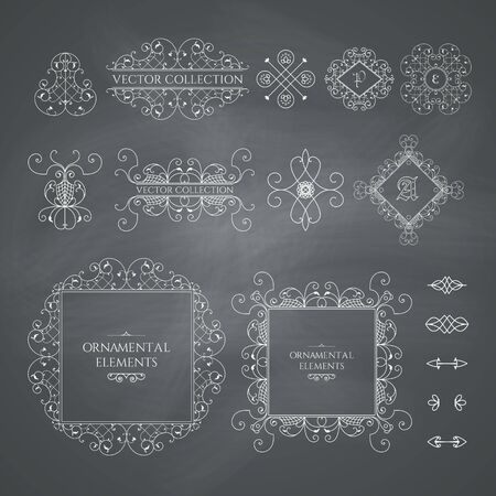 Calligraphic design elements. Vector set of vintage page decorations on chalkboard backgroundのイラスト素材
