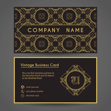 Luxury vintage business card. Vector editable template include front and back side, geometric seamless pattern and contact iconsのイラスト素材