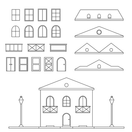 Lineart house generator. Vector set for the construction of buildingsのイラスト素材