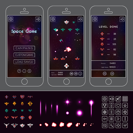 Vector asset for space game. Spacecraft sprites, effects, icons and explosion animationのイラスト素材