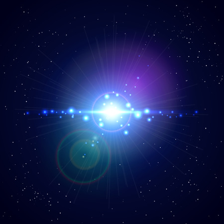 Space bright blue flash light. Futuristic vector background with lens flares beams and sparklesのイラスト素材