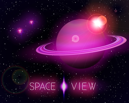 The Saturn planet in open space. Vector background with space craftsのイラスト素材