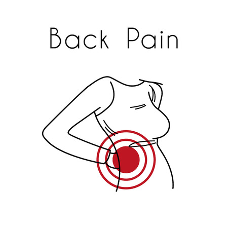 Woman touching back in pain area. Backache illustration for medicine or presentationのイラスト素材