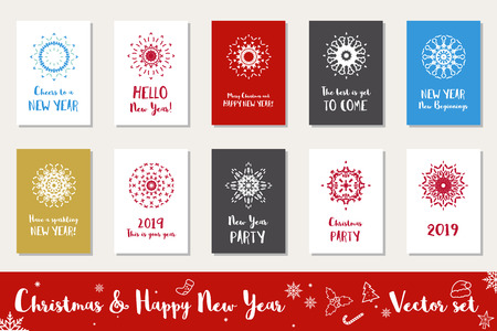 Christmas and Happy New Year greeting cards collection. Winter holidays vector set with circular ornamental symbols and textのイラスト素材