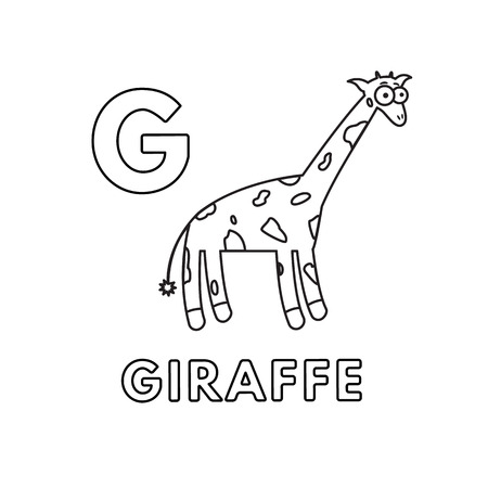 Alphabet with cute cartoon animals isolated on white background. Coloring pages for children education. Vector illustration of giraffe and letter Gのイラスト素材