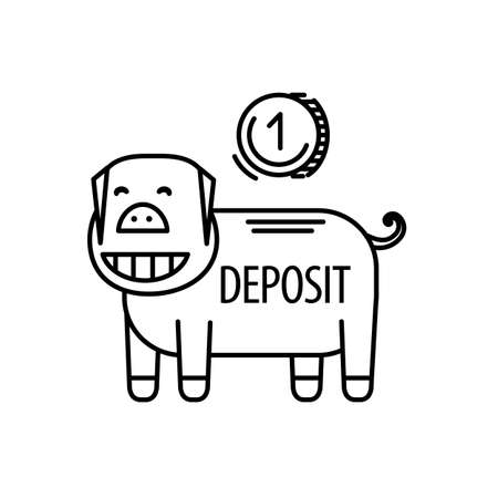 Piggy bank linear icon. Cartoon pig with coin and deposit text in outline style. Vector symbol isolated on whiteのイラスト素材