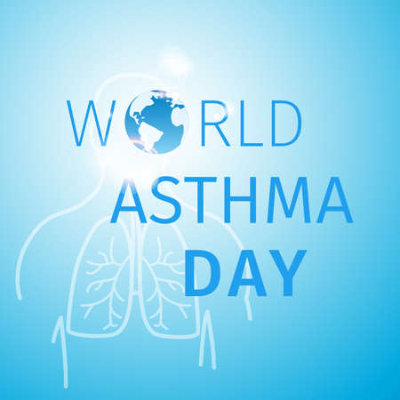 World asthma day poster. Abstract blue background with lungs and title with globe symbol - World Asthma Day. Vector illustrationのイラスト素材