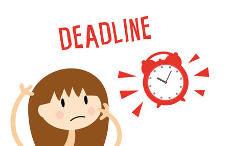 Deadline concept. Cartoon vector banner of a girl and ringing alarm clock. Time management...