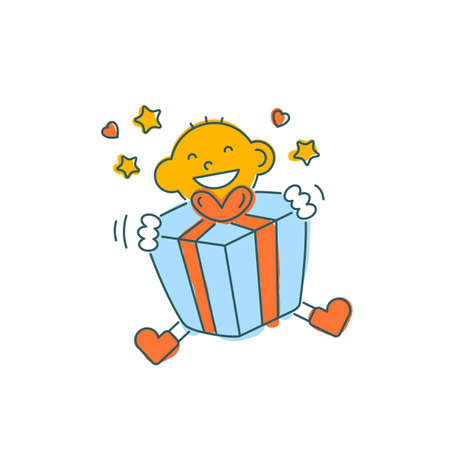 Happy man with gift box. Funny character design. Vector illustration in trendy linear cartoon styleのイラスト素材