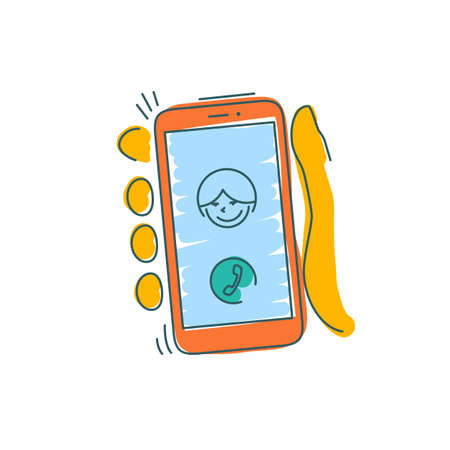 Smartphone in a hand. Vector illustration in trendy linear cartoon styleのイラスト素材