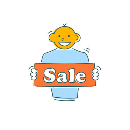Man with Sale banner. Funny character design. Vector illustration in trendy linear cartoon styleのイラスト素材