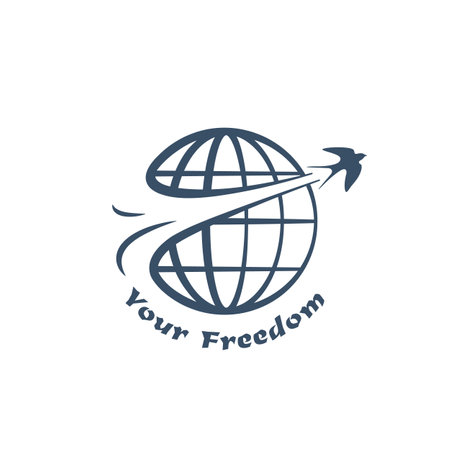 Swallow flies past the Earth. Monochrome linear silhouette of bird and globe. Vector template of logo or emblem for travel agencies, volunteers, charitable foundations, eco organisationsのイラスト素材