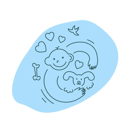 Happy man hugs a little dog. Funny character design. Vector illustration in trendy linear cartoon styleのイラスト素材